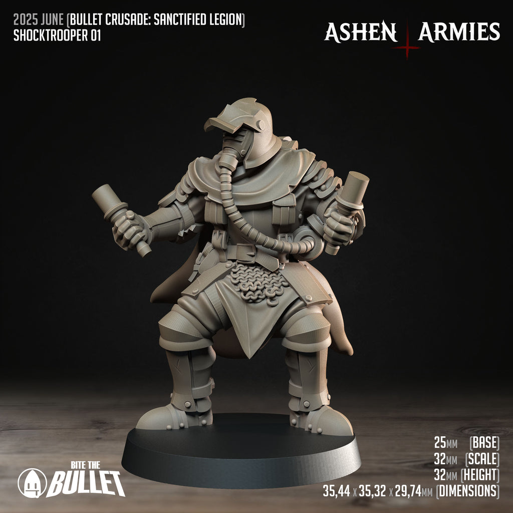 Ashen Armies Sanctified Legion Warband resin miniature with gas mask. carrying an artefact in each hand.