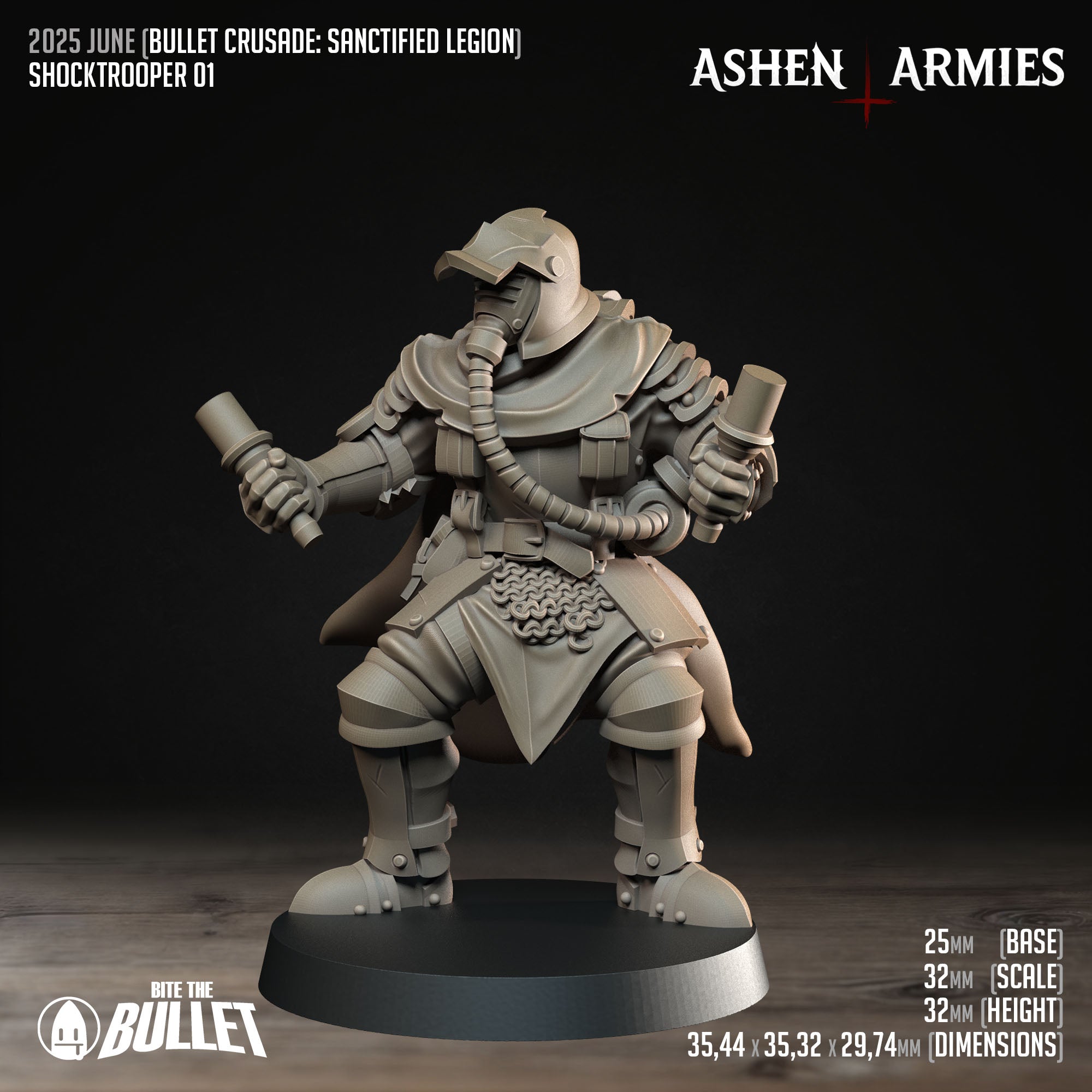 Ashen Armies Sanctified Legion Warband resin miniature with gas mask. carrying an artefact in each hand.