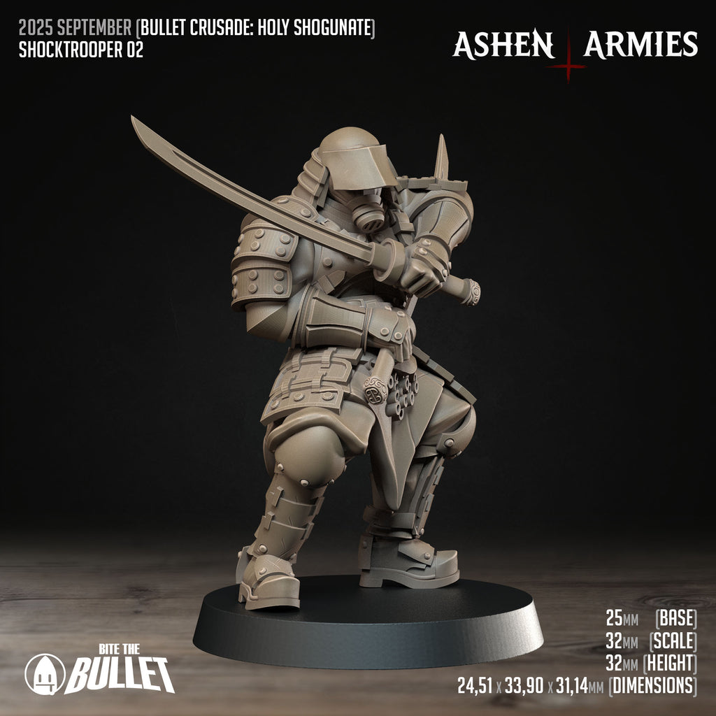 Ashen Armies Holy Shogunate Shock trooper resin miniature with gas mask and two katanas in defensive pose. Front view showing stats.