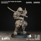 Ashen Armies Holy Shogunate Shock trooper resin miniature with gas mask and two katanas in defensive pose. Front view showing stats.
