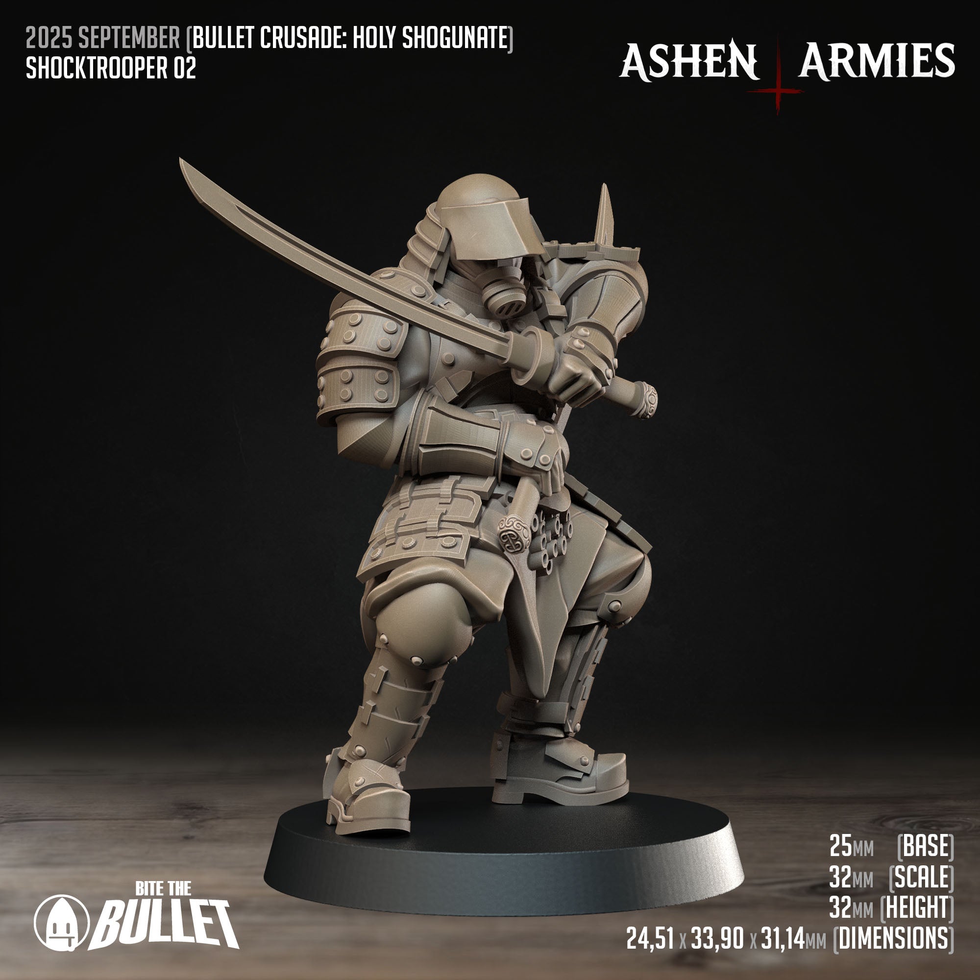 Ashen Armies Holy Shogunate Shock trooper resin miniature with gas mask and two katanas in defensive pose. Front view showing stats.