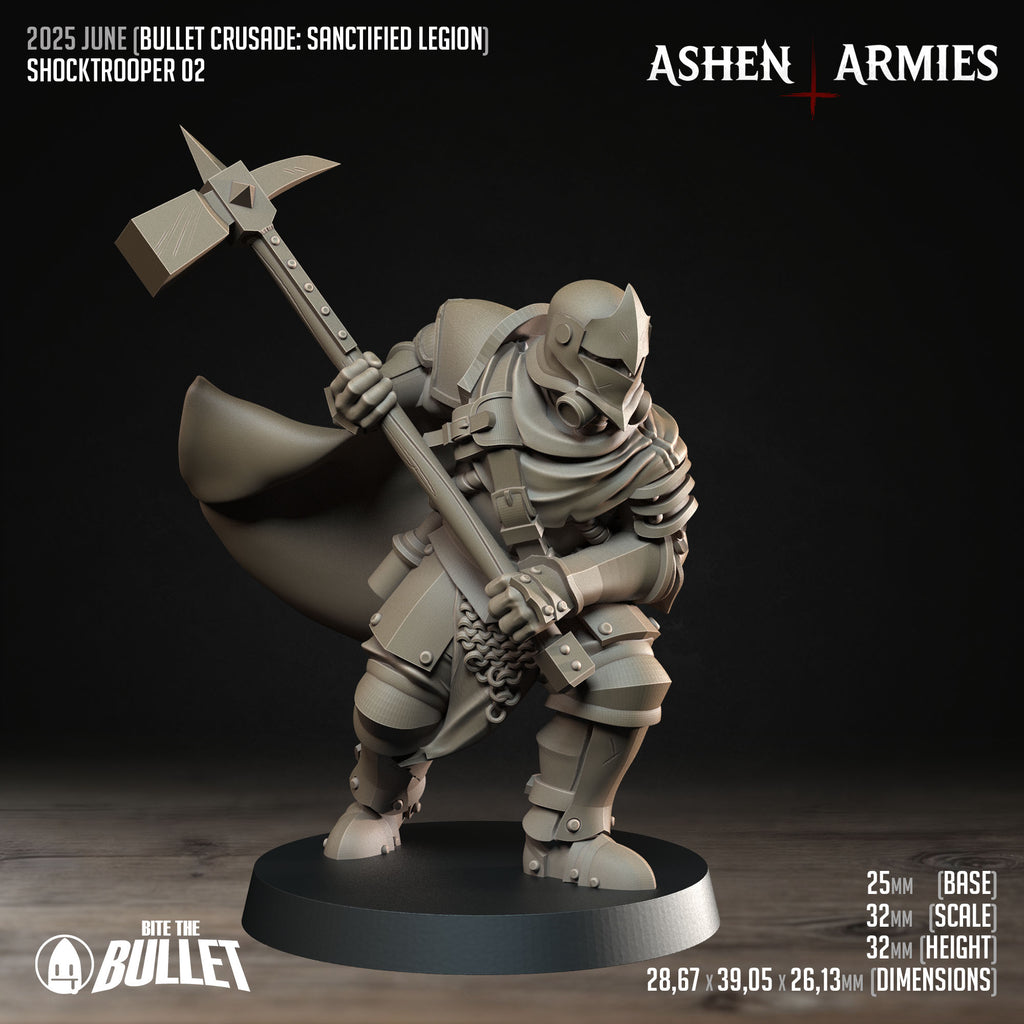 Ashen Armies Sanctified Legion Shocktroopers resin miniature carrying a large axe.