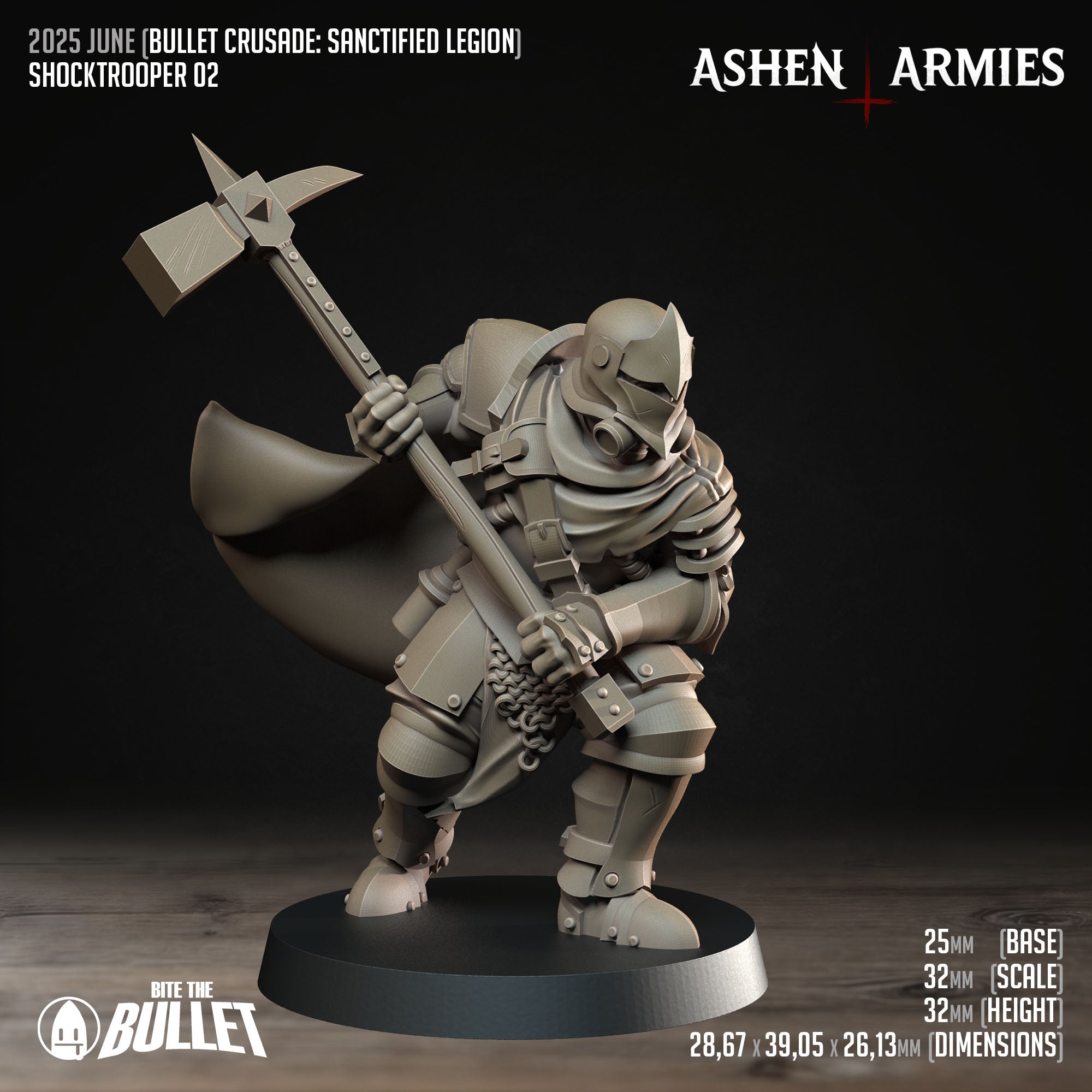 Ashen Armies Sanctified Legion Shocktroopers resin miniature carrying a large axe.