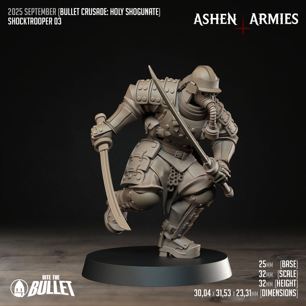 Ashen Armies Holy Shogunate Shock trooper resin miniature with gas mask and two katanas. Front view showing stats.