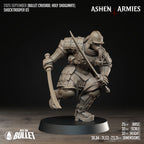 Ashen Armies Holy Shogunate Shock trooper resin miniature with gas mask and two katanas. Front view showing stats.