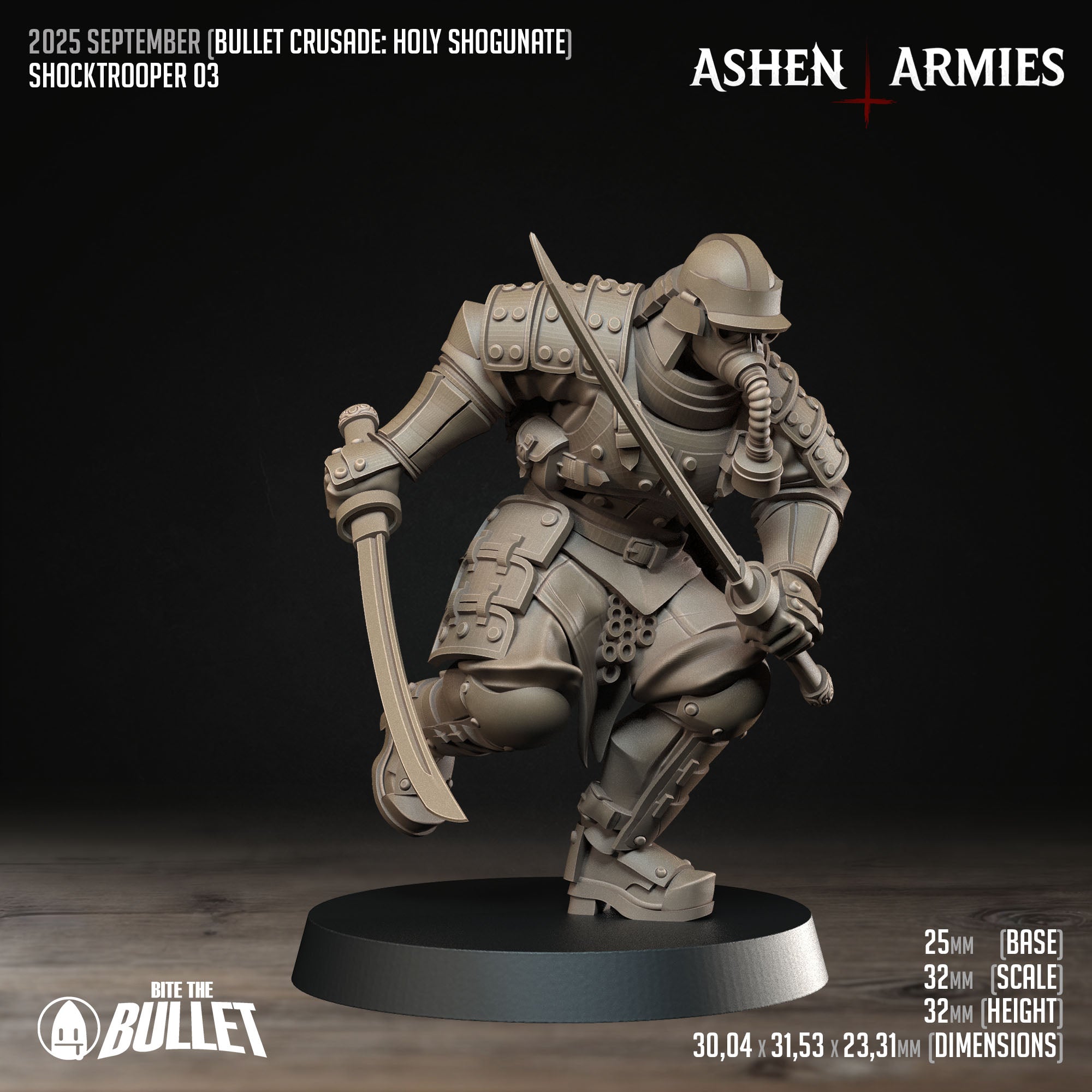 Ashen Armies Holy Shogunate Shock trooper resin miniature with gas mask and two katanas. Front view showing stats.