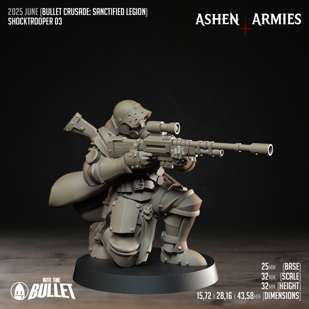 Ashen Armies Sanctified Legion Shocktroopers resin miniature kneeling down. Aiming a weapon.