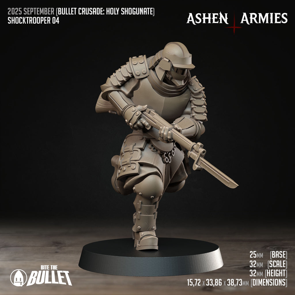 Ashen Armies Holy Shogunate Shock trooper resin miniature with mask and rifle with bayonet. Front view showing stats.