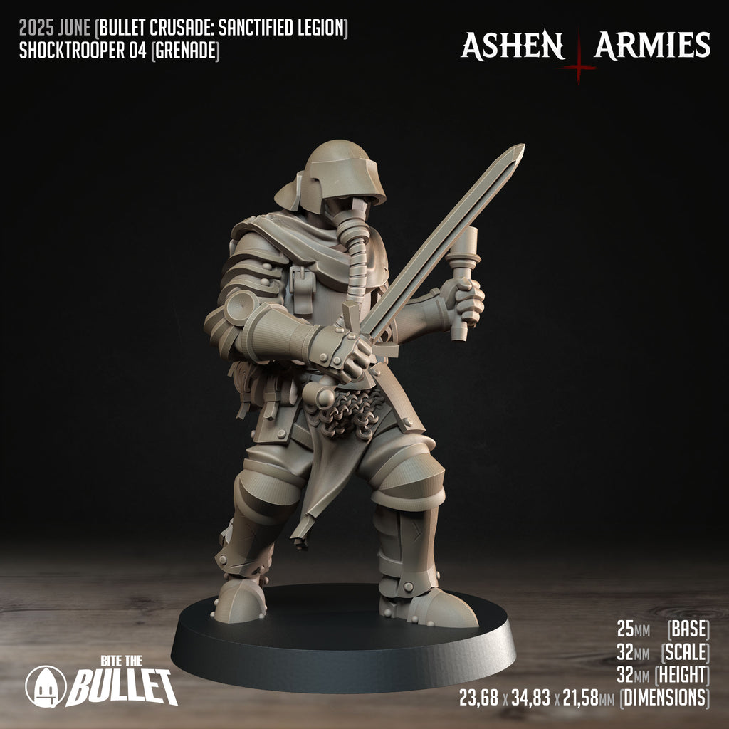 Ashen Armies Sanctified Legion Shocktroopers resin miniature carrying a sword. Side view.