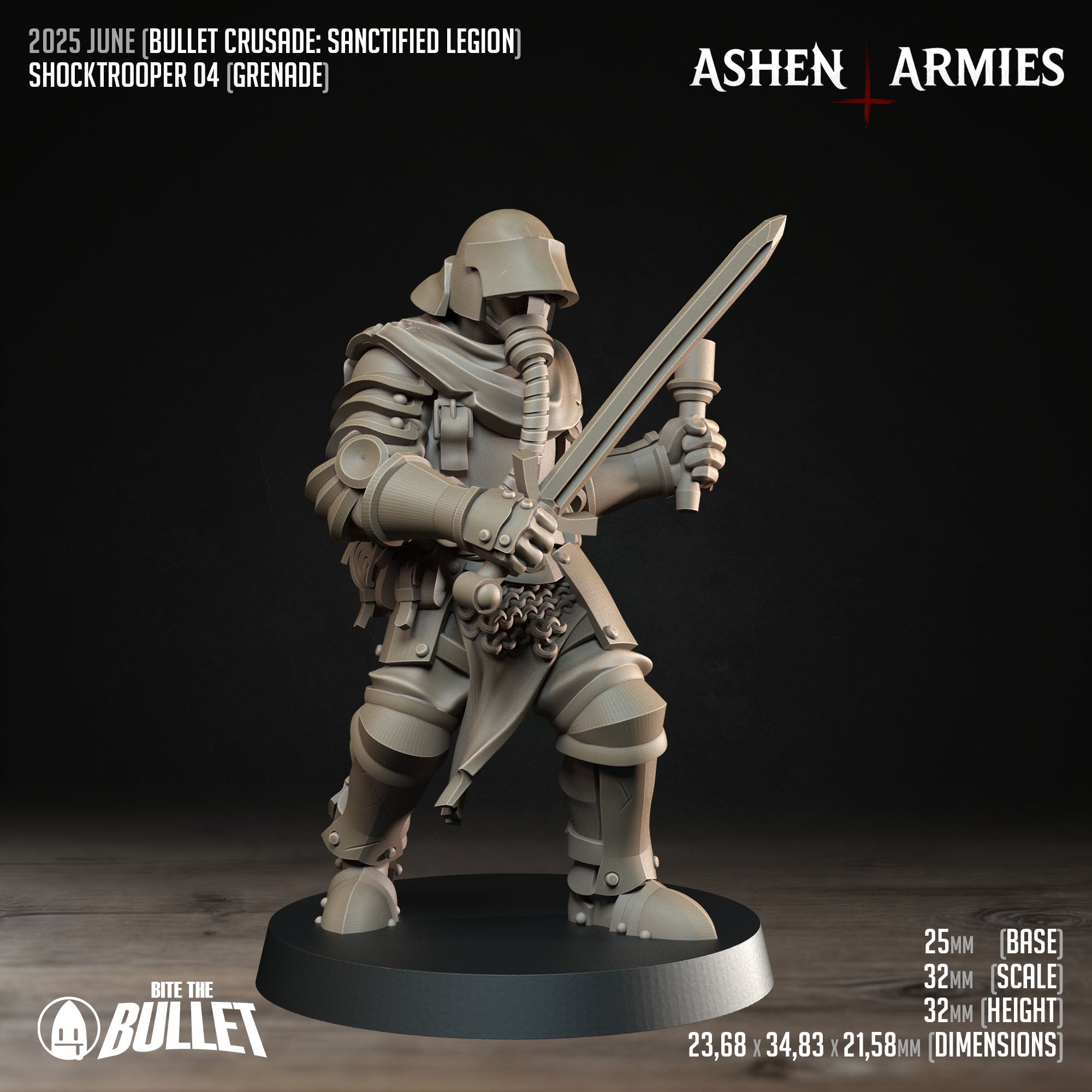 Ashen Armies Sanctified Legion Shocktroopers resin miniature carrying a sword. Side view.