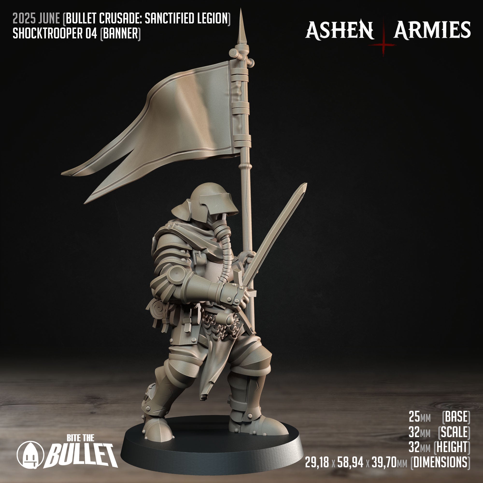 Ashen Armies Sanctified Legion Shocktroopers resin miniature carrying a banner.