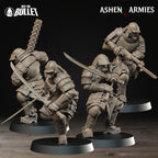 Four Ashen Armies Holy Shogunate Shock trooper resin miniatures in a variety of poses on a plain background.