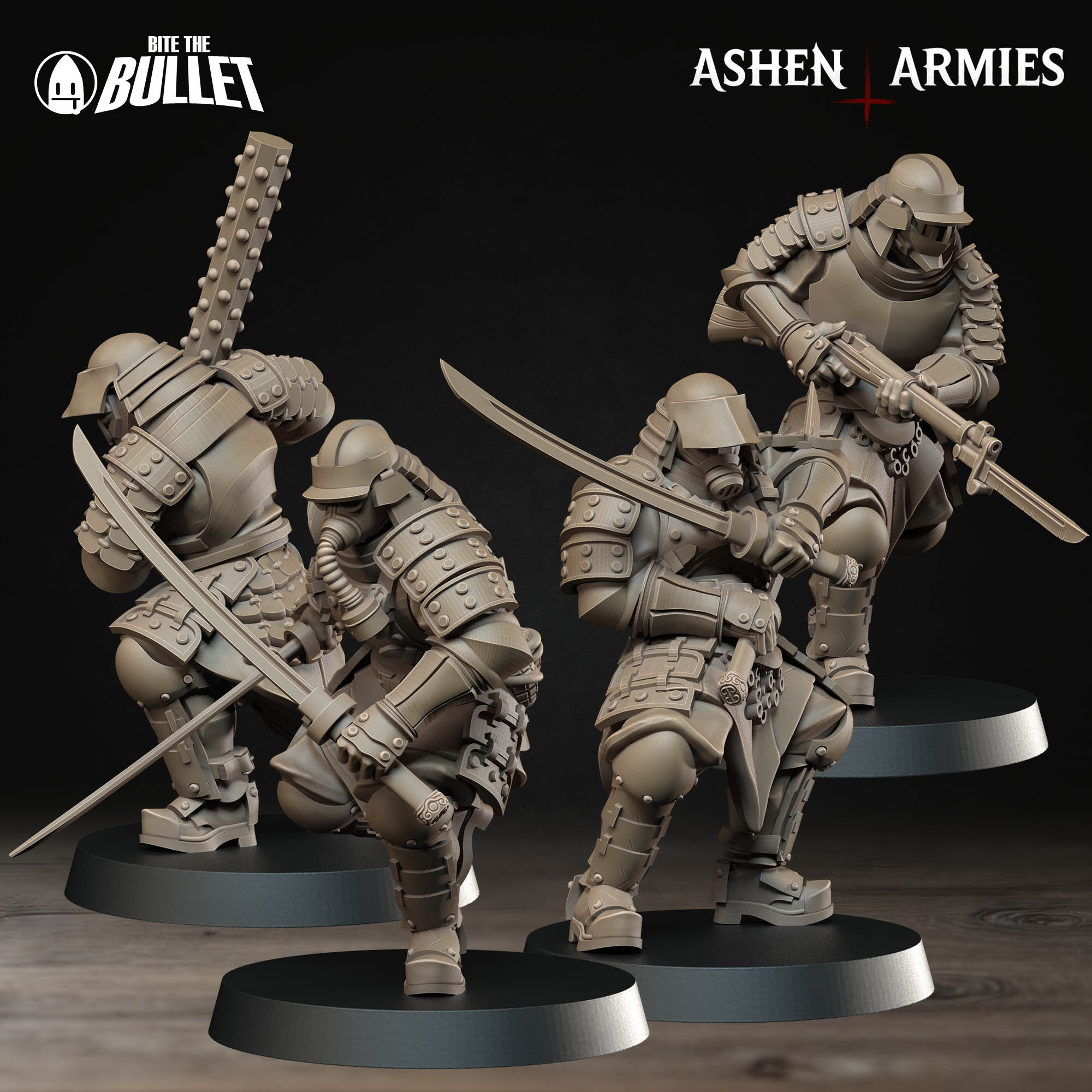 Four Ashen Armies Holy Shogunate Shock trooper resin miniatures in a variety of poses on a plain background.