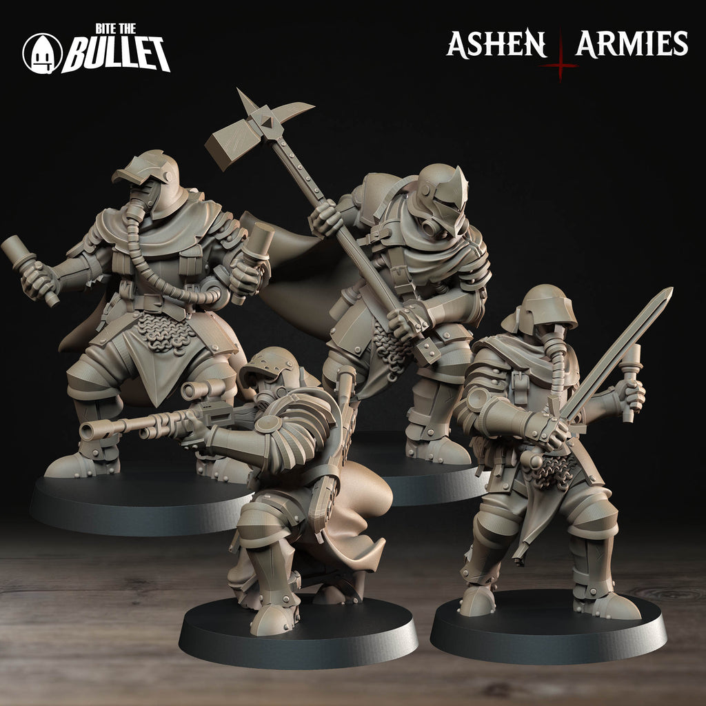 Ashen Armies Sanctified Legion Shocktroopers resin miniatures. Four Shocktroopers with weapons facing forward.