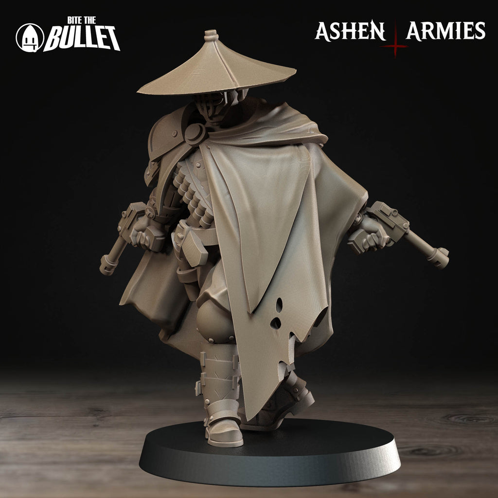 Ashen Armies Holy Shogunate Sniper Priest resin miniature with hat. Front view plain background.