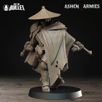 Ashen Armies Holy Shogunate Sniper Priest resin miniature with hat. Front view plain background.