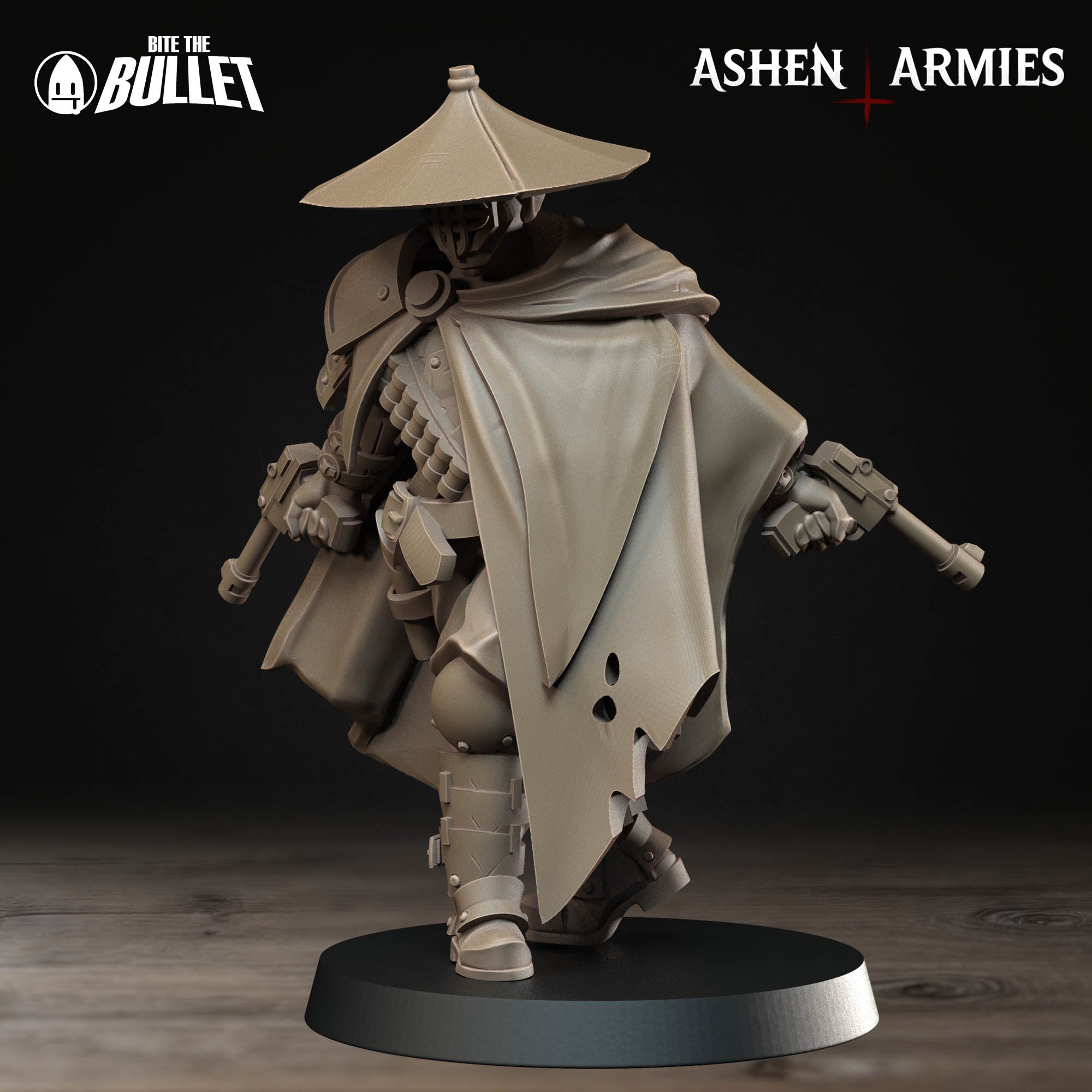 Ashen Armies Holy Shogunate Sniper Priest resin miniature with hat. Front view plain background.