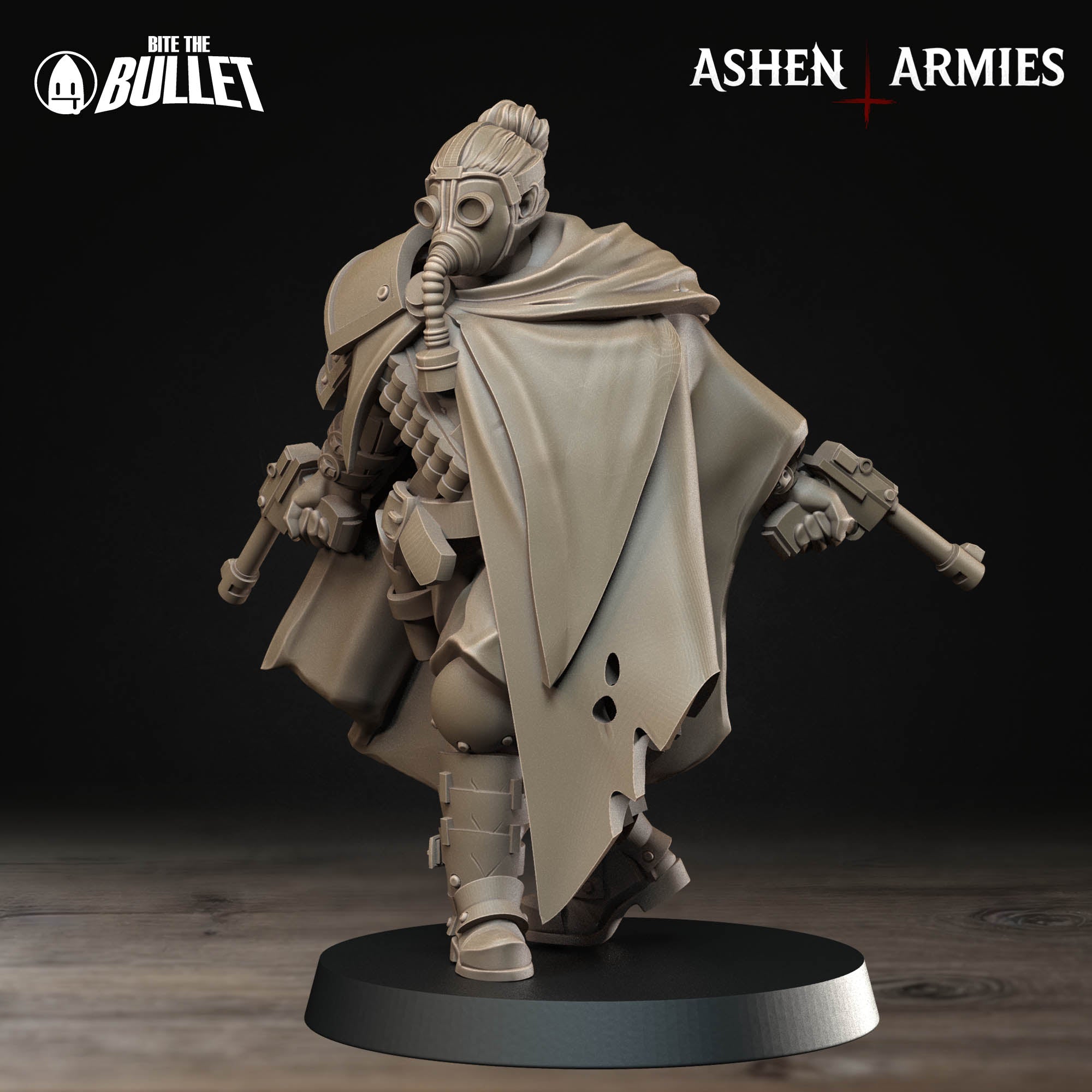 Ashen Armies Holy Shogunate Sniper Priest resin miniature with gas mask.