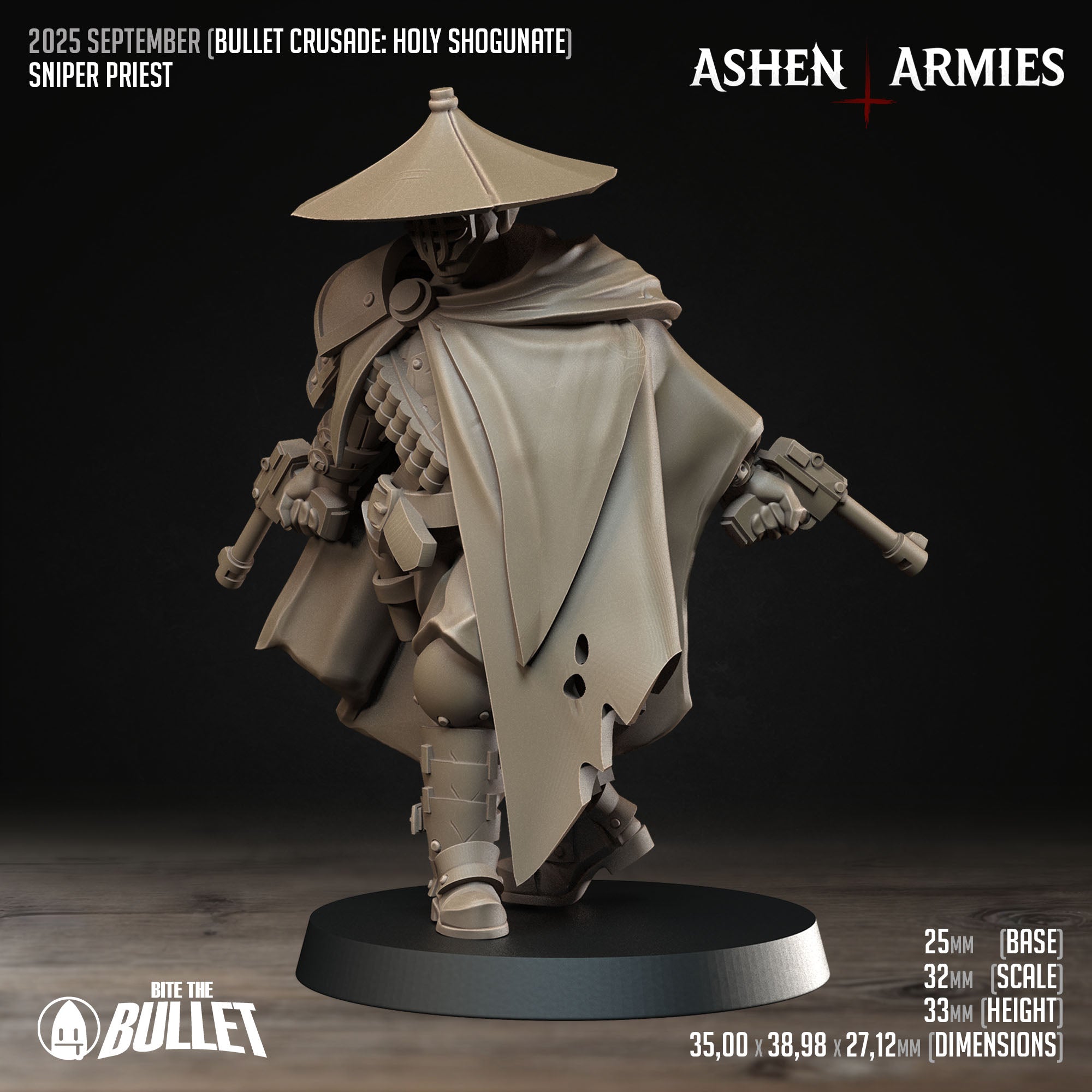 Ashen Armies Holy Shogunate Sniper Priest resin miniature with hat. Front view.