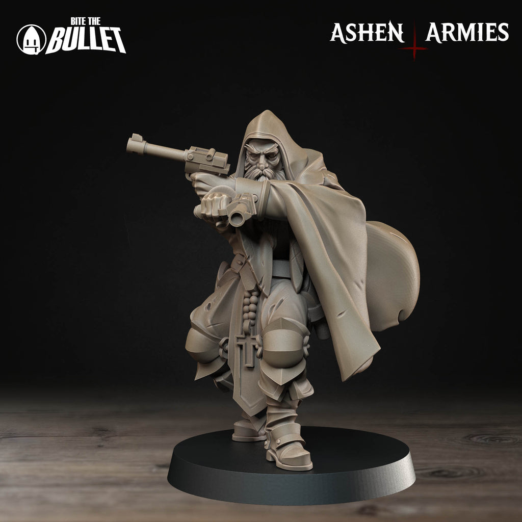 Ashen Armies Sanctified Legion Sniper Priest resin miniature with pistols. Facing front.