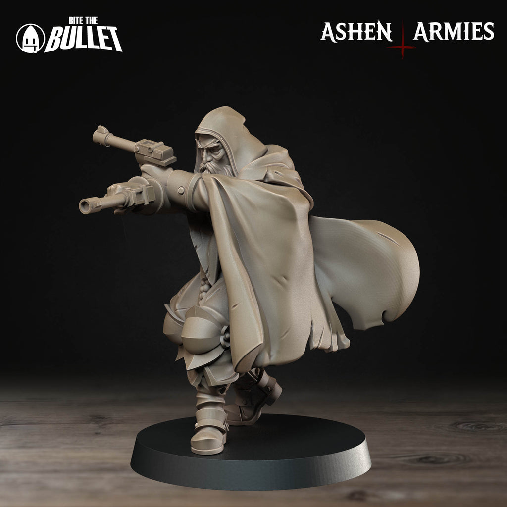 Ashen Armies Sanctified Legion Sniper Priest resin miniature. Holding a pistol. Side view showing billowing cape.