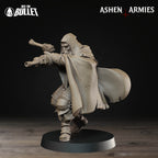 Ashen Armies Sanctified Legion Sniper Priest resin miniature. Holding a pistol. Side view showing billowing cape.