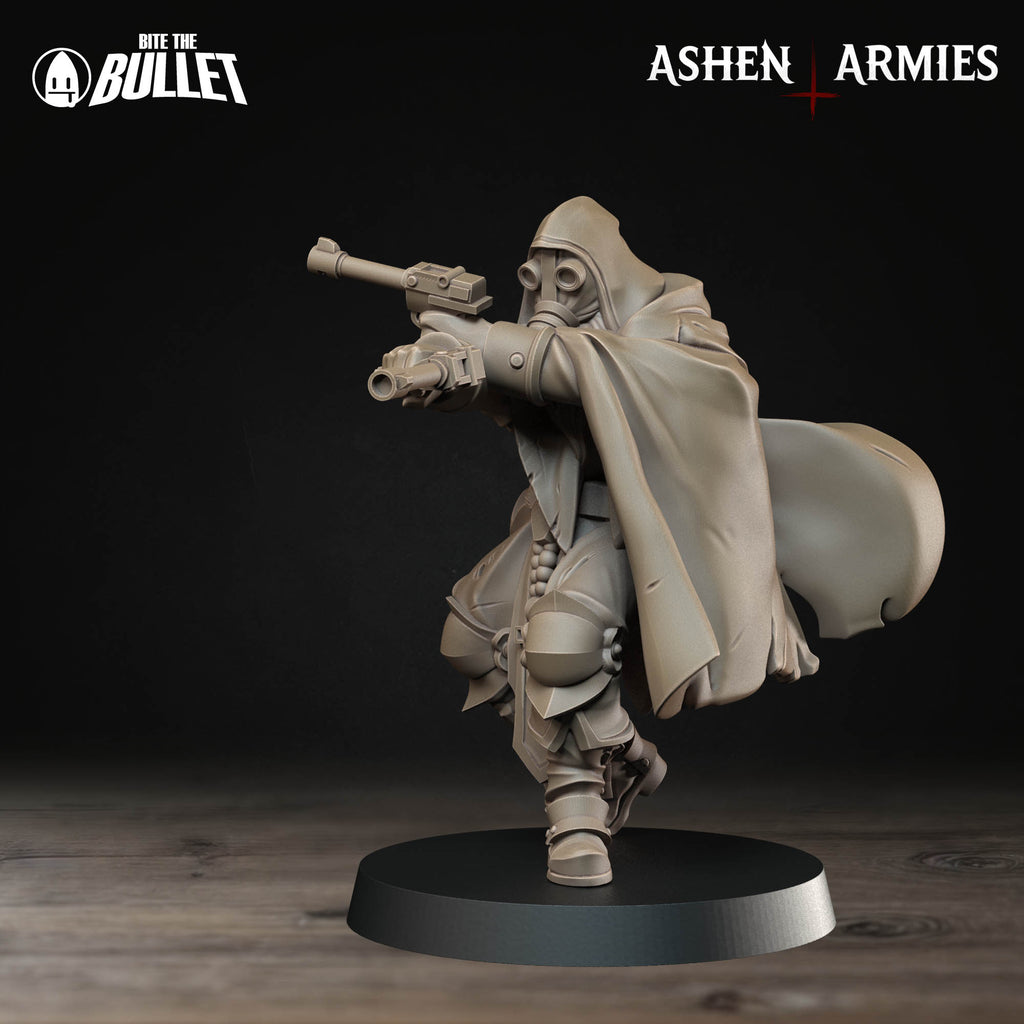 Ashen Armies Sanctified Legion Sniper Priest resin miniature. Holding a pistol and wearing a gas mask.