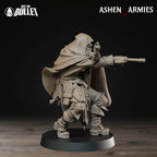 Ashen Armies Sanctified Legion Sniper Priest resin miniature. Holding a pistol. Side view.