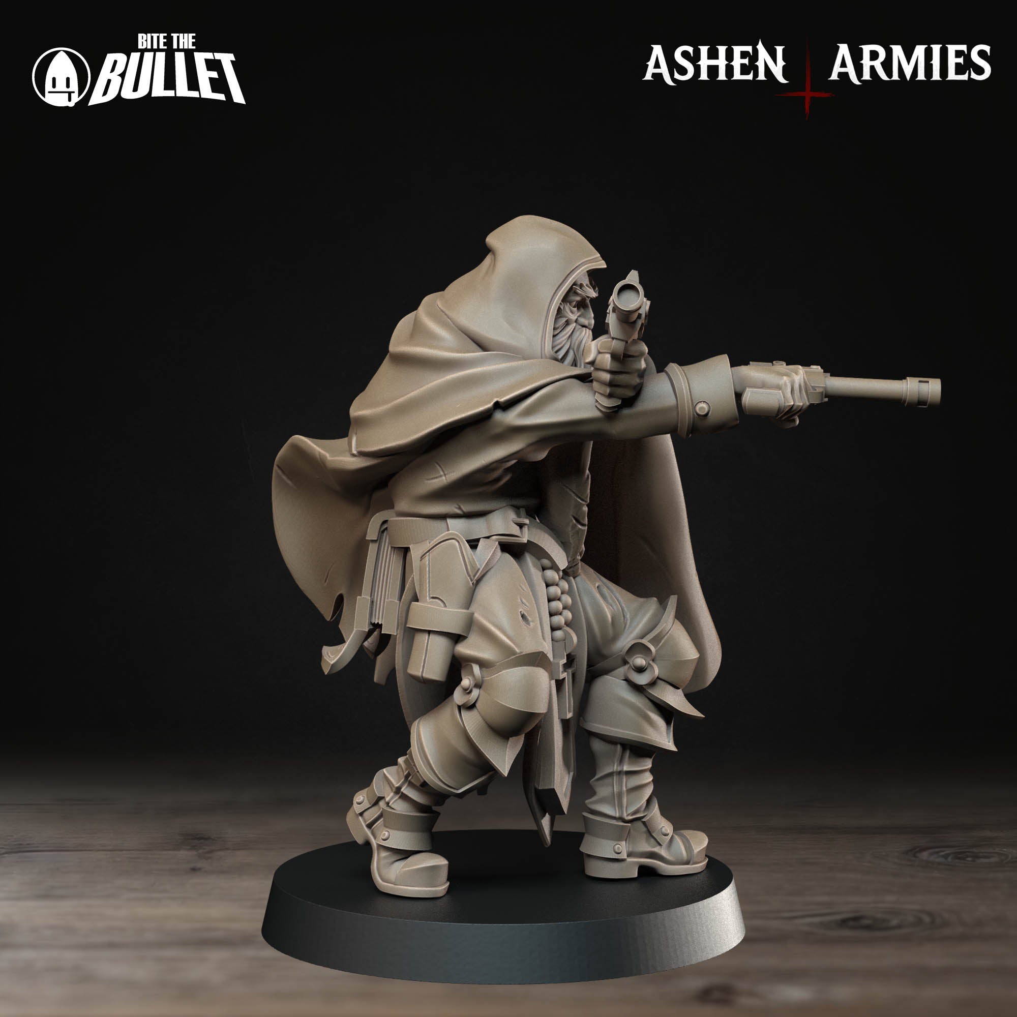 Ashen Armies Sanctified Legion Sniper Priest resin miniature. Holding a pistol. Side view.
