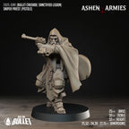 Ashen Armies Sanctified Legion Sniper Priest resin miniature. Holding a pistol. Front view.