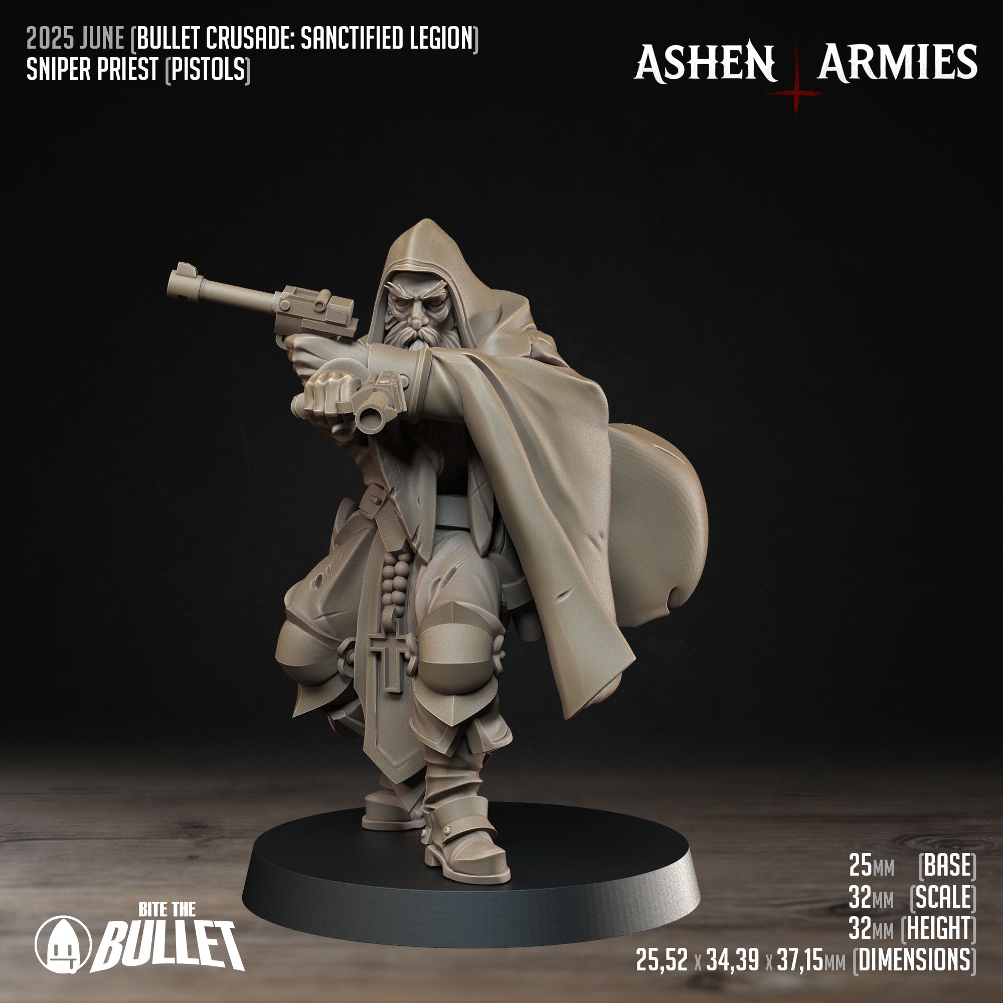 Ashen Armies Sanctified Legion Sniper Priest resin miniature. Holding a pistol. Front view.