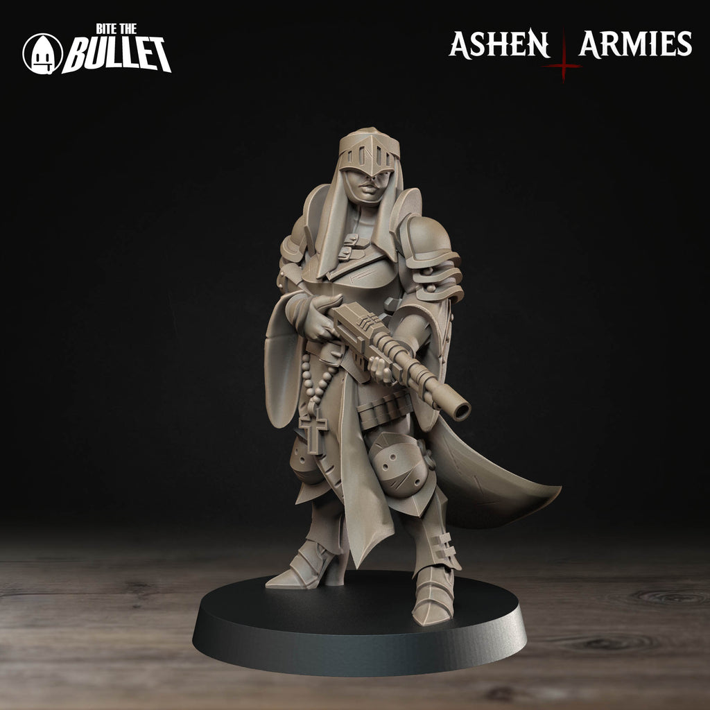 Ashen Armies Sanctified Legion Sniper Priest resin miniature, wearing a helmet. Front view.