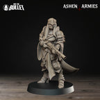 Ashen Armies Sanctified Legion Sniper Priest resin miniature, wearing a helmet. Front view.