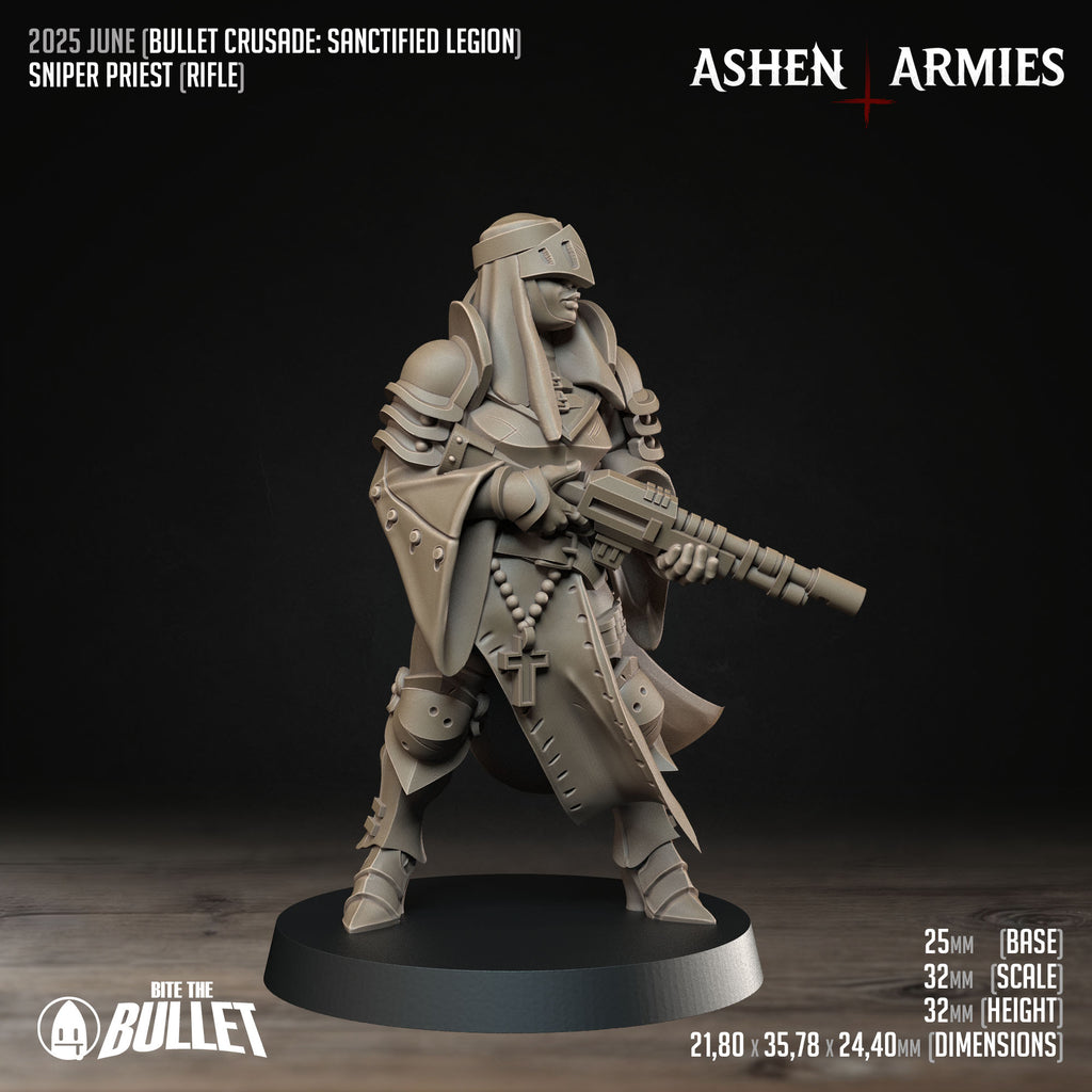 Ashen Armies Sanctified Legion Sniper Priest resin miniature, wearing a helmet. Side view.