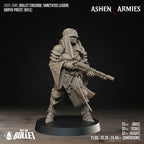 Ashen Armies Sanctified Legion Sniper Priest resin miniature, wearing a helmet. Side view.