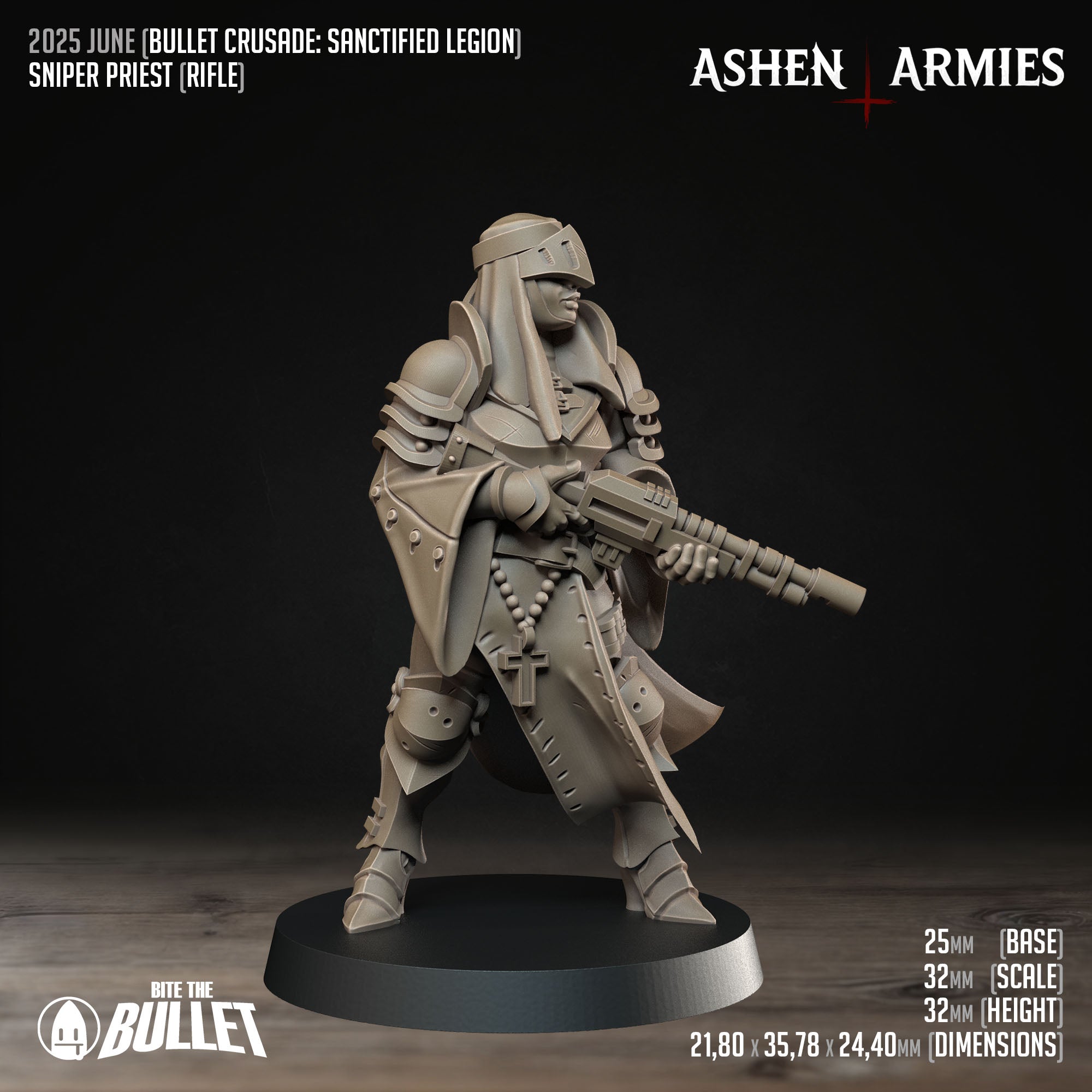 Ashen Armies Sanctified Legion Sniper Priest resin miniature, wearing a helmet. Side view.