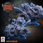 Steel Beards Battle Roller miniature figurine shown in unpainted gray resin with blue-painted accents, featuring a heavily armored rider on a spiked battle bike. The Steel Beards logo is visible in the top left, and the UGN brand logo with 'BATTLE ROLLER' text is in the bottom left.