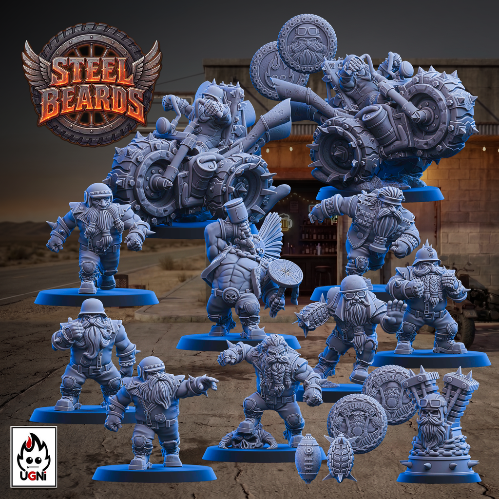 A set of unpainted gray fantasy miniature figurines displayed together on blue bases, with a large motorcycle-themed figure and several bearded warriors, shield, and helmet pieces. The Steel Beards logo appears in the top left, and a UGN logo appears in the bottom left.