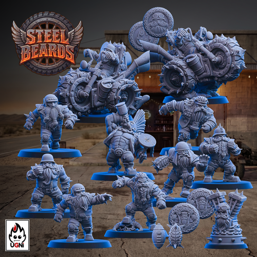 A set of unpainted gray fantasy miniature figurines displayed together on blue bases, with a large motorcycle-themed figure and several bearded warriors, shield, and helmet pieces. The Steel Beards logo appears in the top left, and a UGN logo appears in the bottom left.