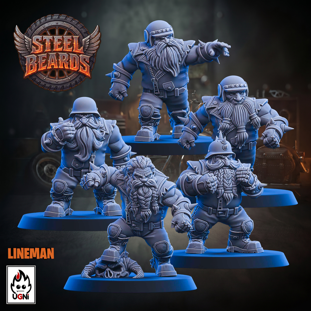 Five unpainted Steel Beards tabletop gaming miniatures in a uniform blue-gray resin, displayed on blue circular bases against a dark industrial background. The Steel Beards logo is visible in the top left, and a UGN logo appears in the bottom left corner.