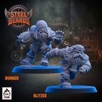 Two unpainted miniature figurines labeled 'RUNNER' and 'BLITZER' on blue bases, with the Steel Beards logo and a small UGN mark in a dark workshop-style background.