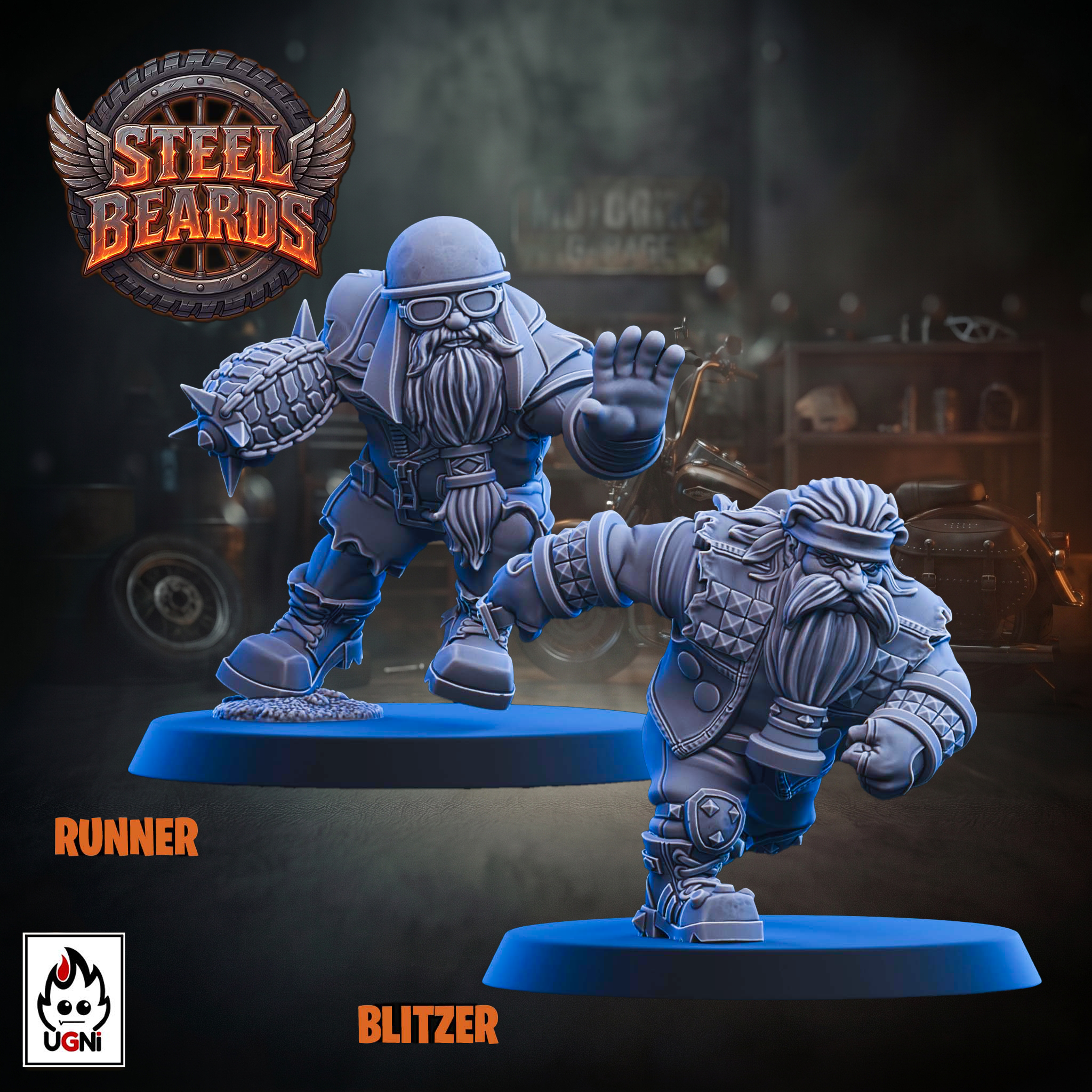 Two unpainted miniature figurines labeled 'RUNNER' and 'BLITZER' on blue bases, with the Steel Beards logo and a small UGN mark in a dark workshop-style background.