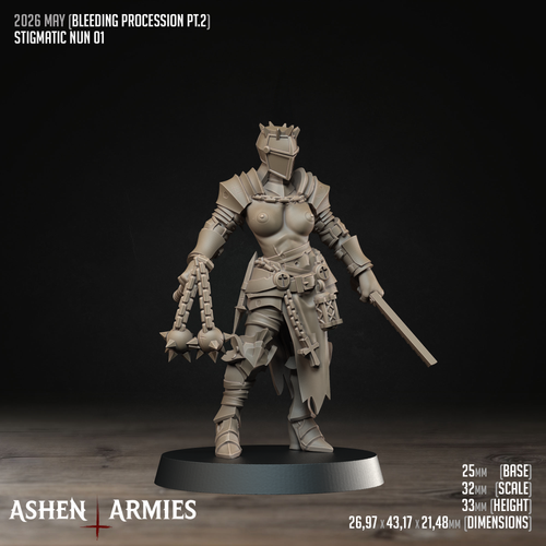 Ashen Armies Bleeding Procession Stigmatic Nun resin miniatures bare chested nun with sword and flail. Plain background showing stats.