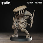 Ashen Armies Holy Shogunate Trench Cleric resin miniature with hat. Front view plain plain background.