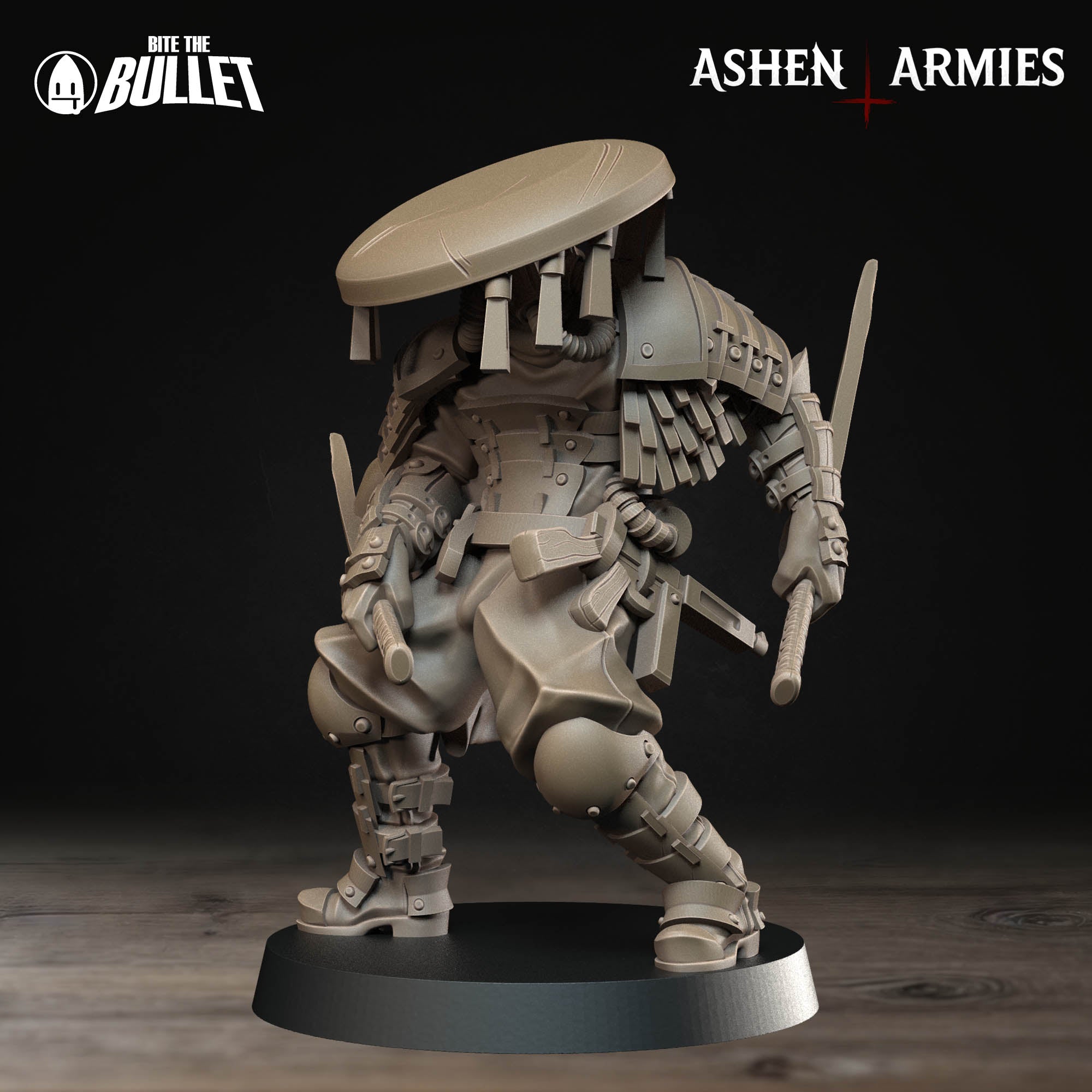 Ashen Armies Holy Shogunate Trench Cleric resin miniature with hat. Front view plain plain background.