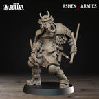 Ashen Armies Holy Shogunate Trench Cleric resin miniature with gas mask. Front view plain plain background.