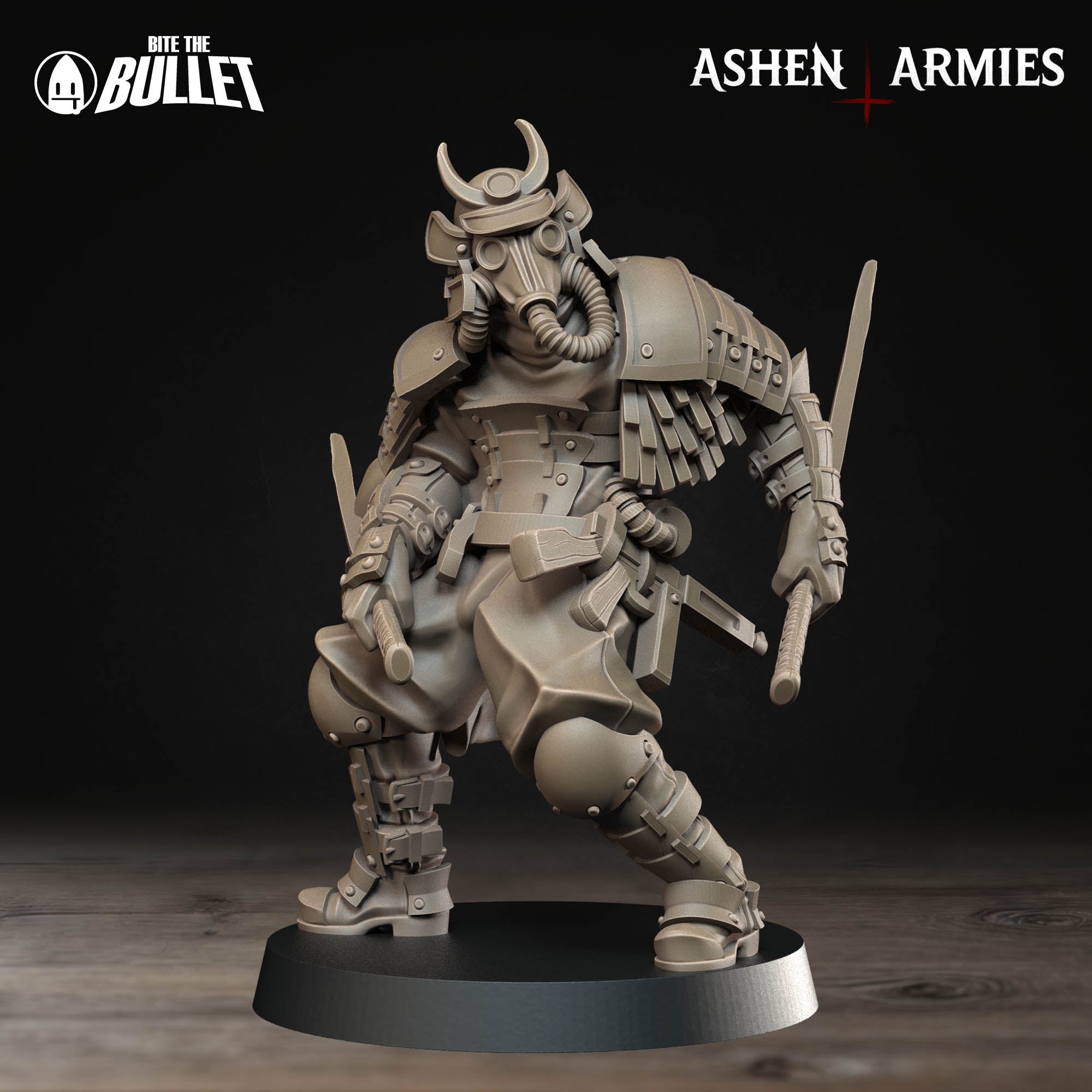 Ashen Armies Holy Shogunate Trench Cleric resin miniature with gas mask. Front view plain plain background.