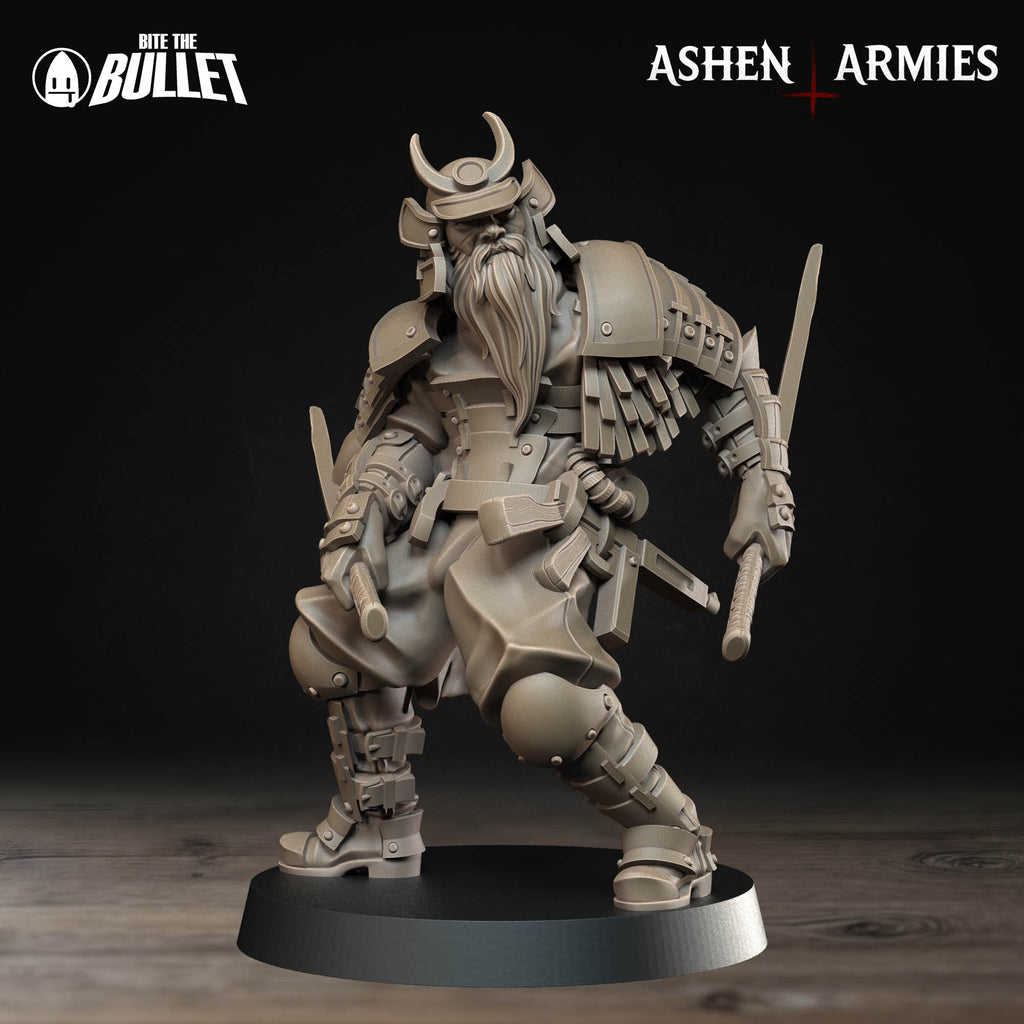 Ashen Armies Holy Shogunate Trench Cleric resin miniature with face. Front view plain plain background.