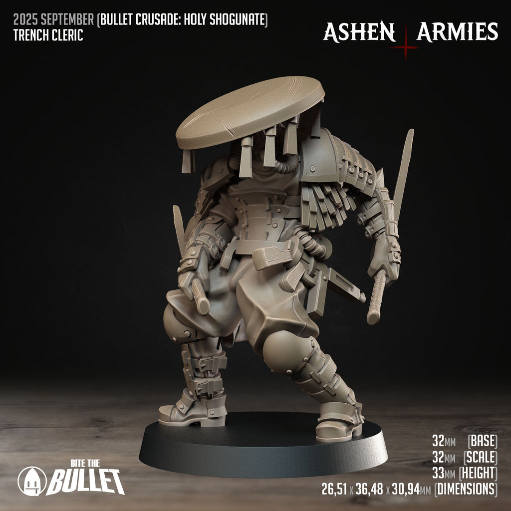 Ashen Armies Holy Shogunate Trench Cleric resin miniature with hat. Front view plain plain background. Showing scale.
