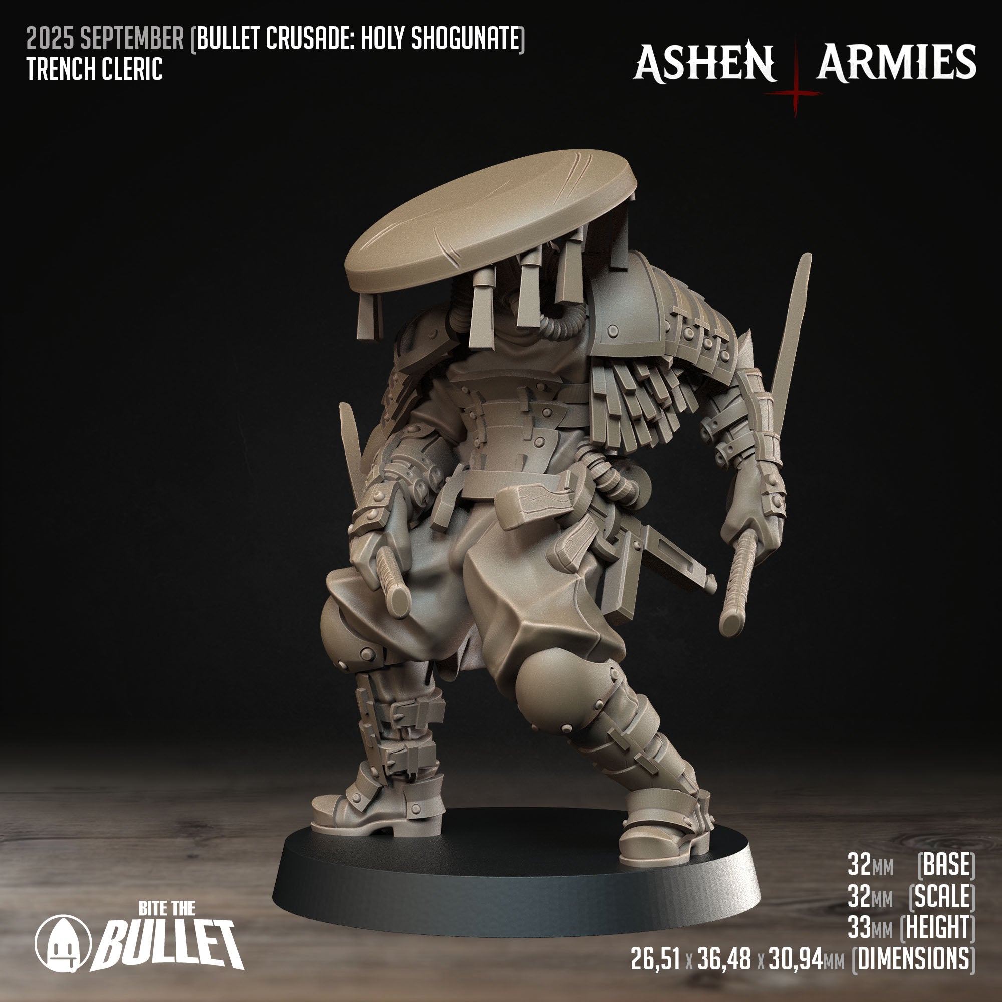 Ashen Armies Holy Shogunate Trench Cleric resin miniature with hat. Front view plain plain background. Showing scale.